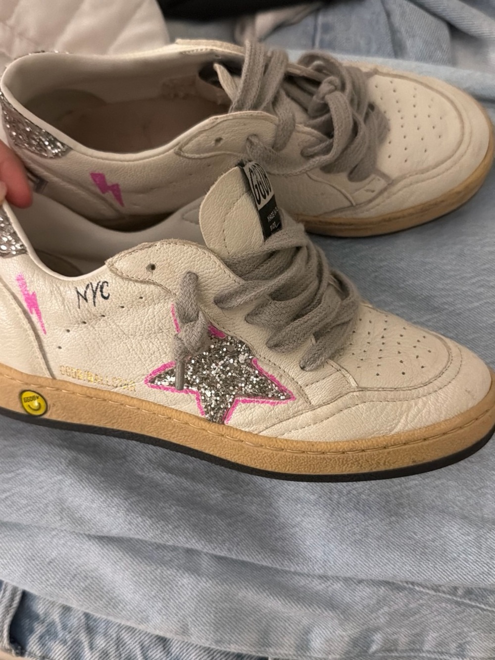 Golden Goose Kids White Sneakers with Silver Glitter Star and Pink Accents